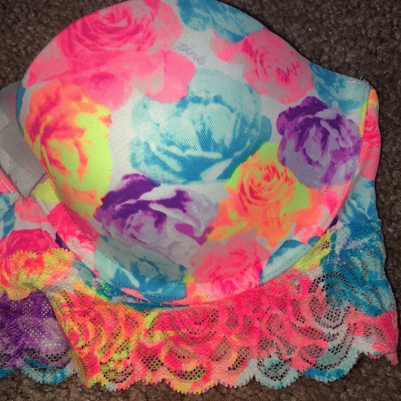 Pink Victoria’s Secret bustier colorful strapless bra lacey rainbow floral 34B - Picture 3 of 10